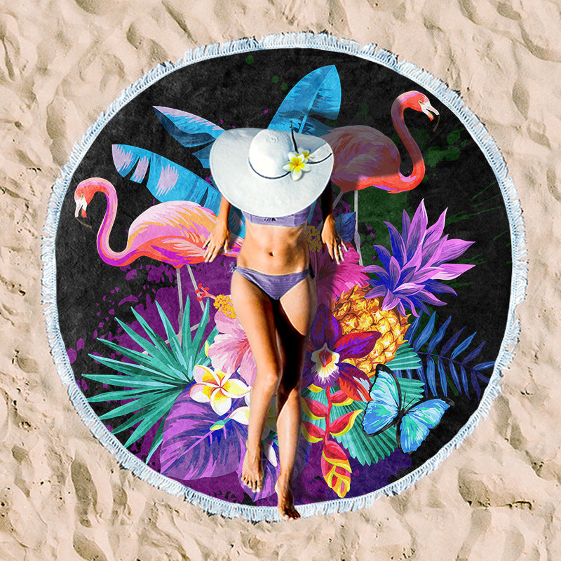 Round beach towel with tropical leaf print and fringe decoration Stornfield