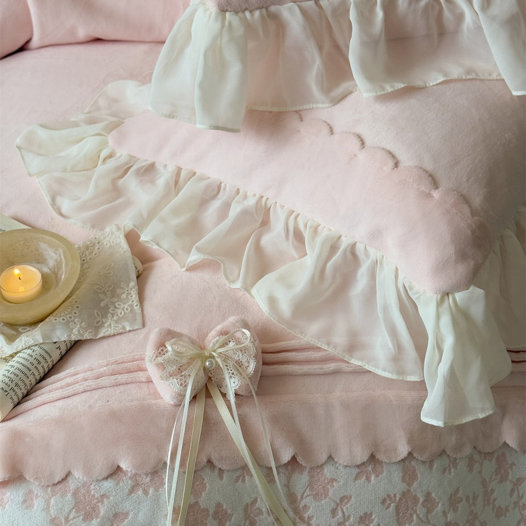 Ruffled Floral Cotton Duvet Cover Set with Sheer Ruffle Bedskirt & Decorative Tie-Bows