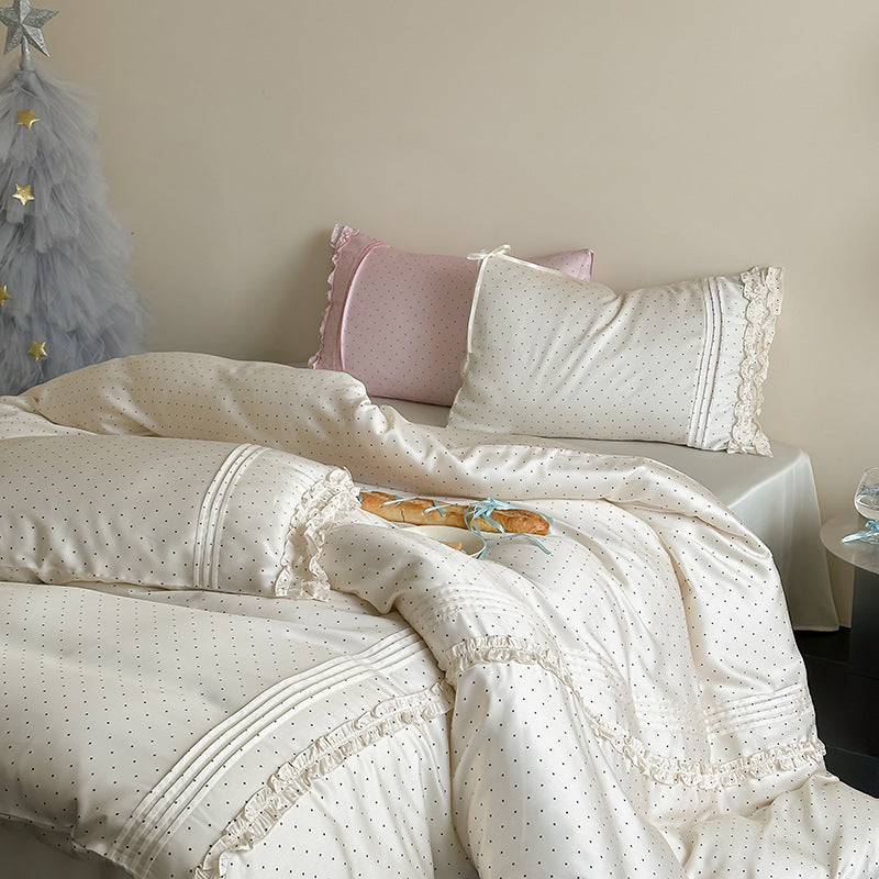 Polka Dot Cotton Sateen Duvet Cover Ensemble with Ruffled Pillow Shams