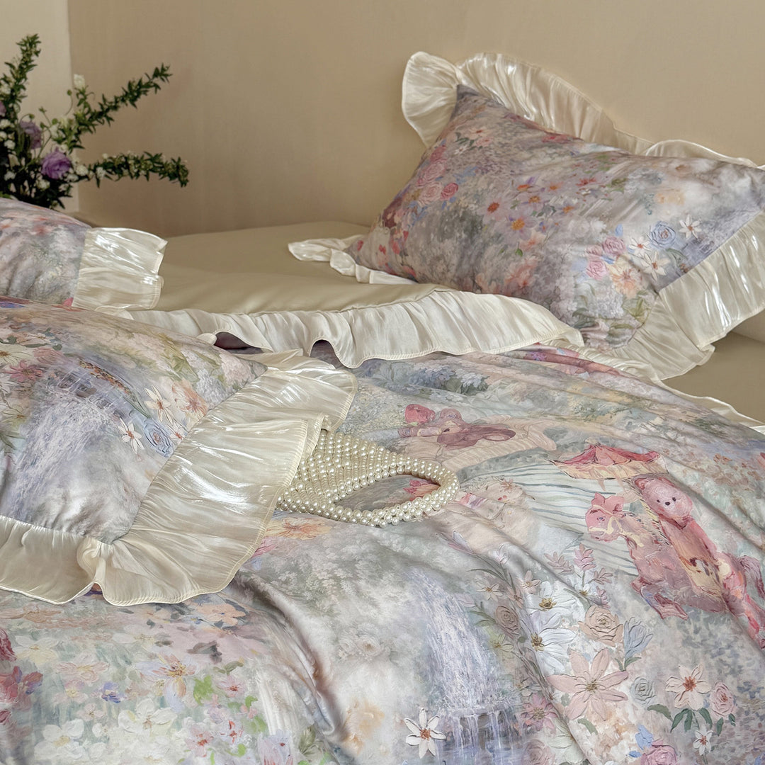 Romantic cotton satin bedding set with watercolor floral pattern and gathered satin ruffle