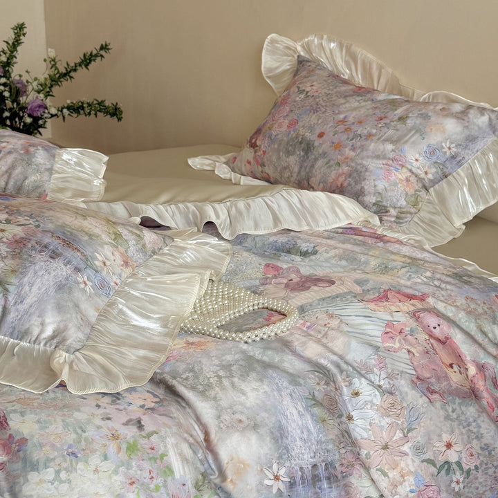 Romantic cotton satin bedding set with watercolor floral pattern and gathered satin ruffle