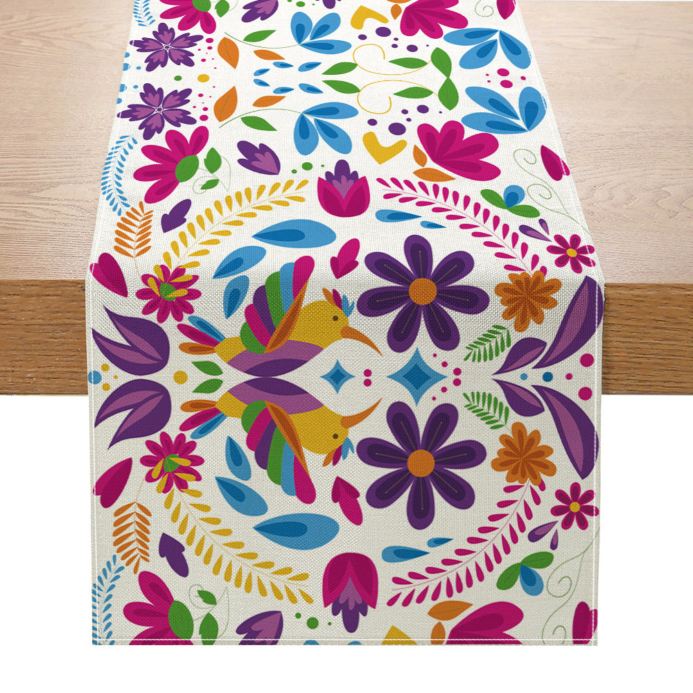 Folk Floral Table Runner Cotton-Blend Decorative Table Linen