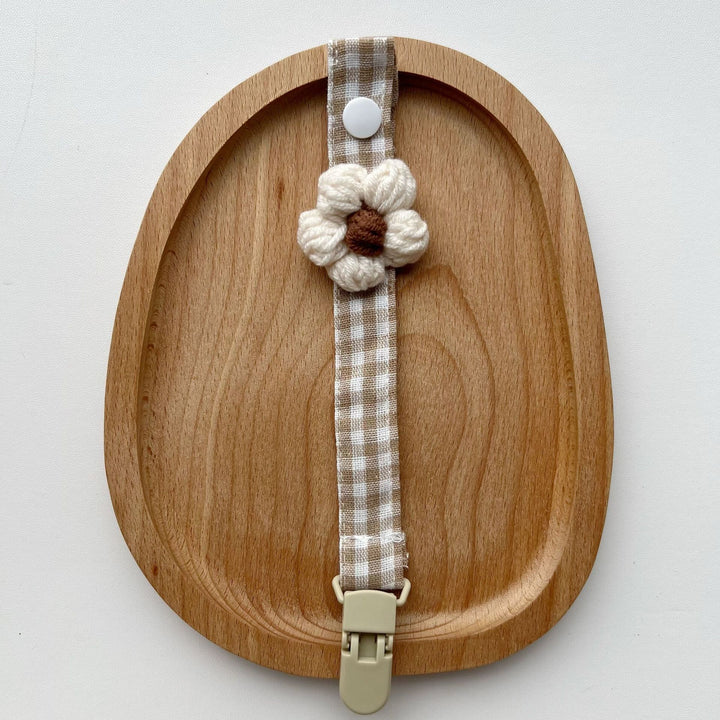 Crocheted Flower Pacifier and Teether Clip with Organic Cotton Strap