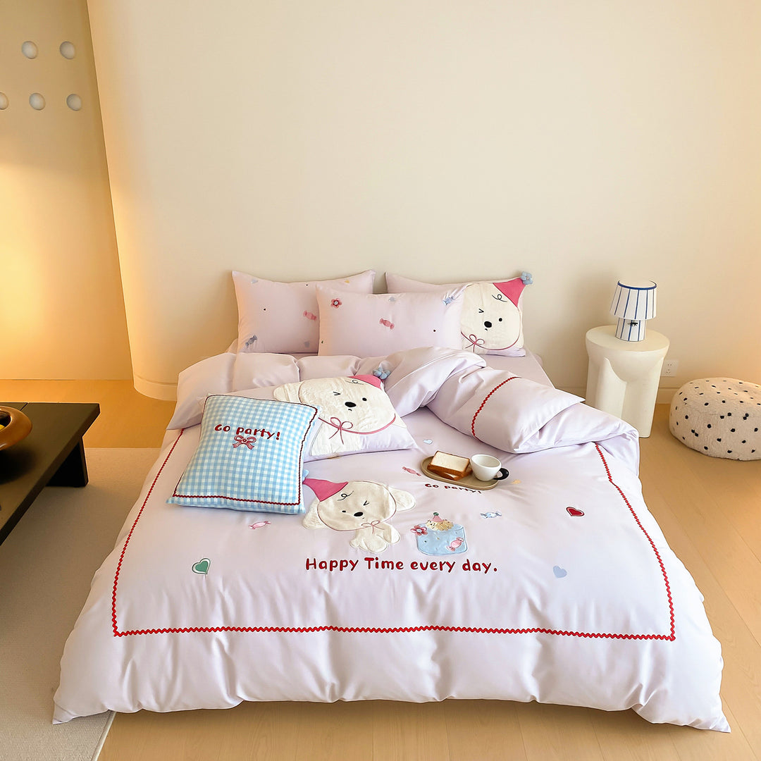 Playful Bear Appliqué Cotton-Sateen Duvet Cover Set with Quilted Accent Pillow and Hidden Zipper