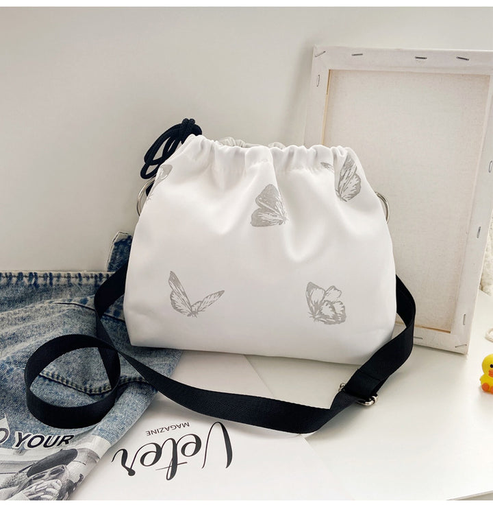 Elegant Drawstring Butterfly Print Handbag