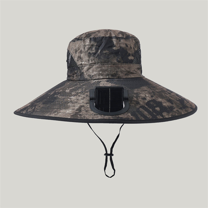 Wide-brimmed outdoor sun hat with solar-powered micro fan, breathable mesh and adjustable chin strap Stornfield