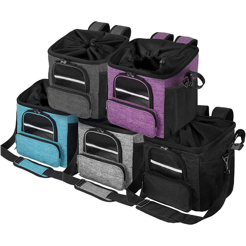 rectangular insulated pet travel tote with drawstring mesh canopy front-access pocket and adjustable padded shoulder strap Stornfield