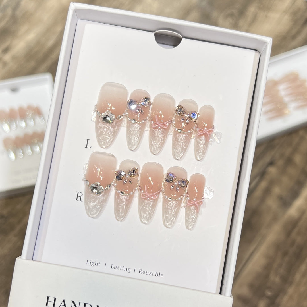 Decorative Stiletto Press-On Nail Set with Bow and Gem Accents Stornfield