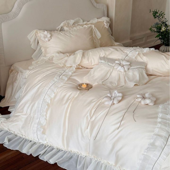 Romantic Ruffled Luxury Duvet Cover Set with Decorative Floral Appliqué Pillow