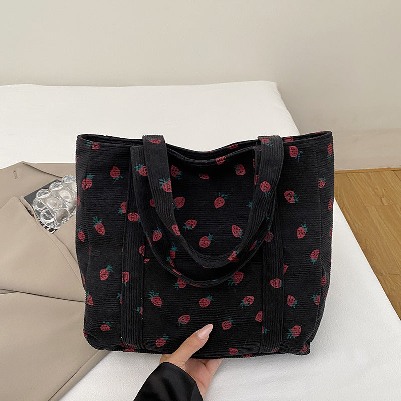 Playful Strawberry Print Corduroy Tote Bag Stornfield