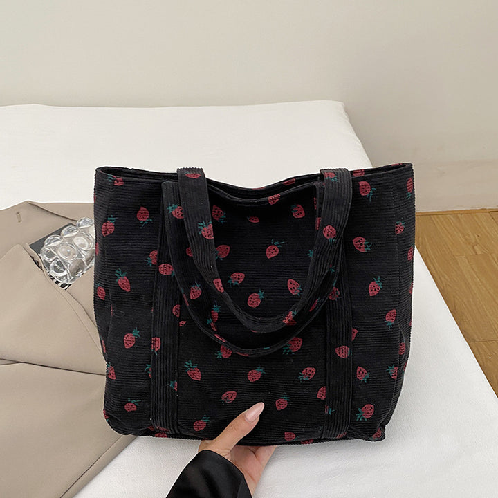 Playful Strawberry Print Corduroy Tote Bag Stornfield