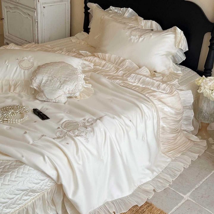 Luxury Satin-Trim Ruffled Duvet & Sham Ensemble with Pleated Flange and Delicate Shell Embroidery