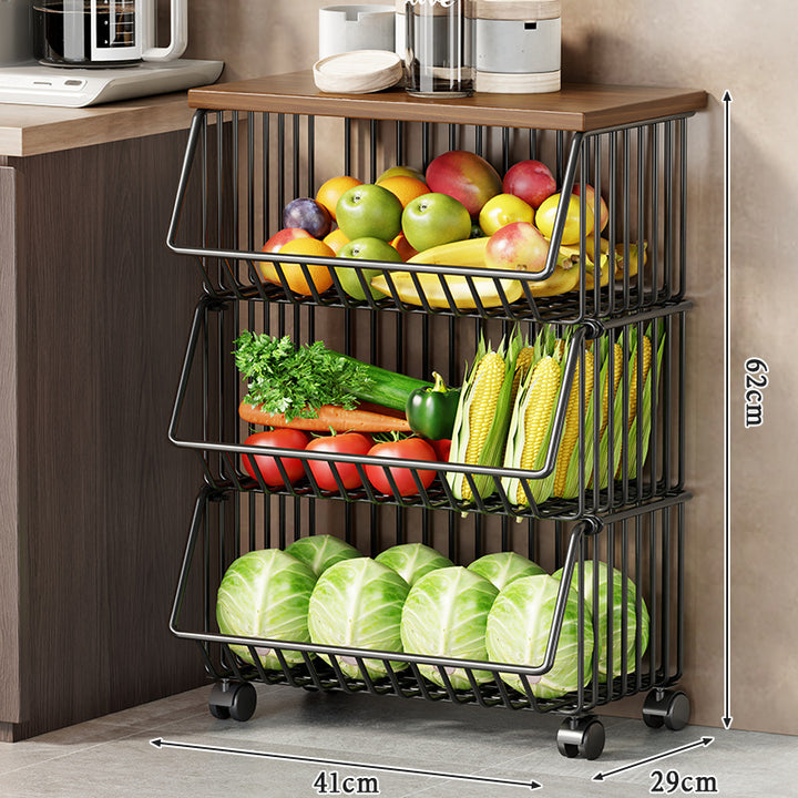 Multi-Tier Rolling Kitchen Pantry Cart with Wood Top and Deep Wire Storage Baskets