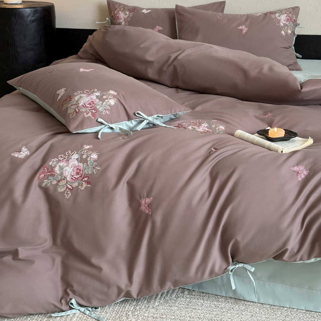 Embroidered Floral Cotton Sateen Duvet Cover Set with Bow-Tie Pillowcases