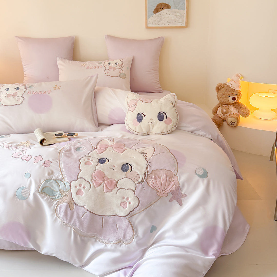 Embroidered Cat-Themed Satin Duvet Cover Set with Plush Decorative Pillow
