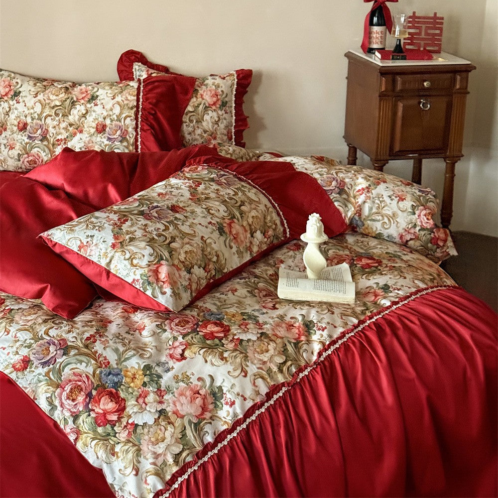 Romantic bedding set made of cotton satin with ruffles and floral jacquard