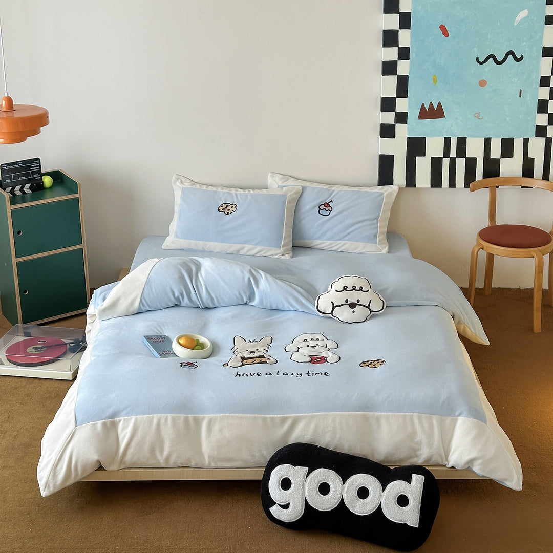 Cartoon-Embroidered Cotton Duvet Cover Bedding Set with Plush Patch