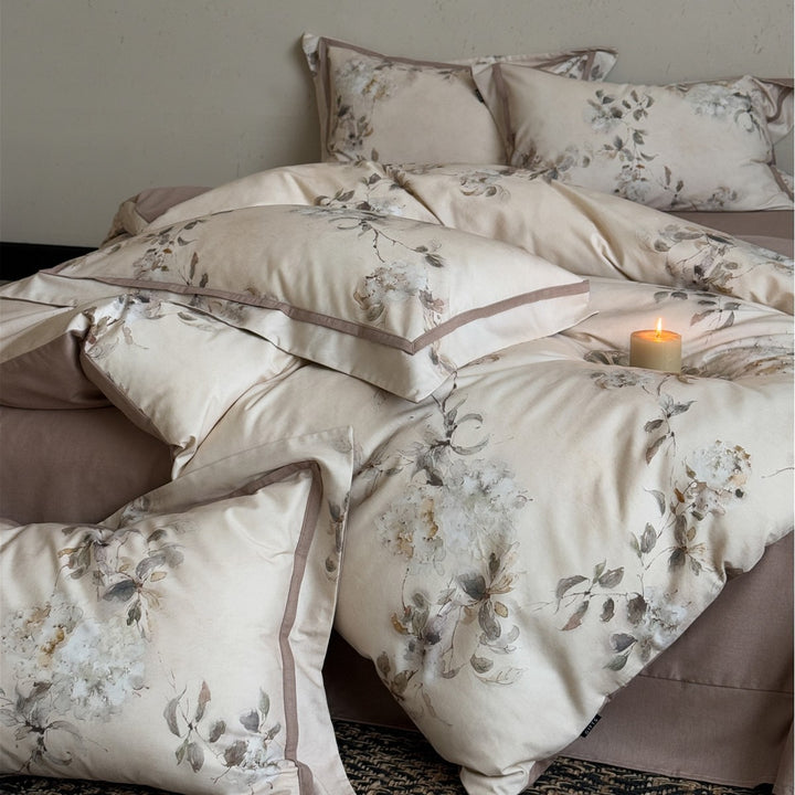 Cotton Sateen Watercolor Floral Duvet Cover Set with Piped Pillow Shams
