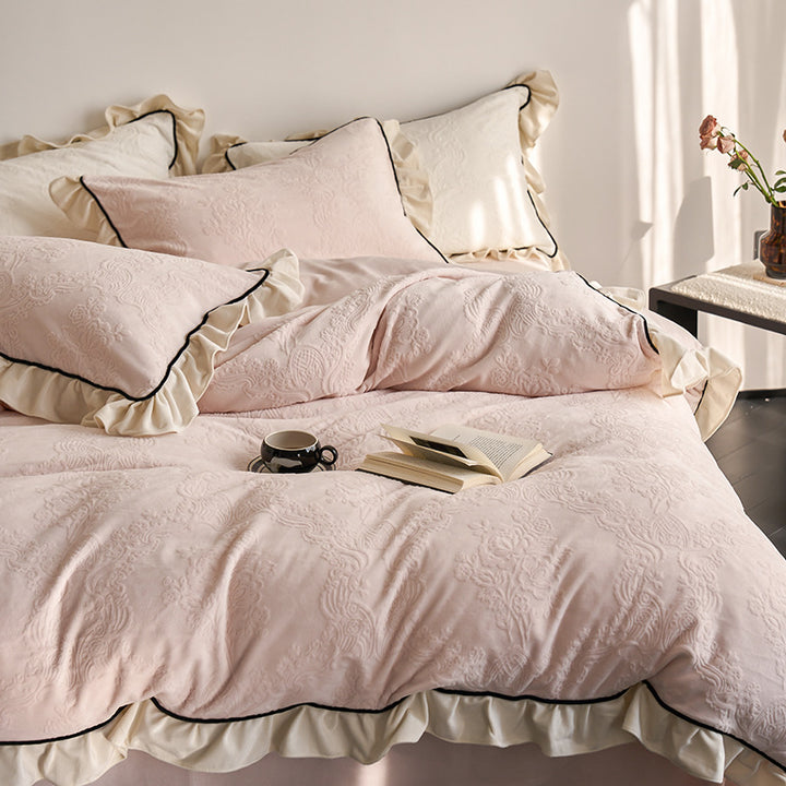 Elegant Damask Jacquard Embossed Ruffled Duvet Cover Set with Contrast Piped Edge & Decorative Shams