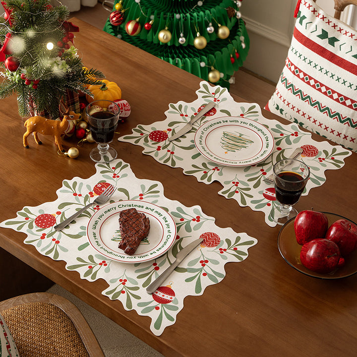 Festive table runner with wavy edge and botanical Christmas motif