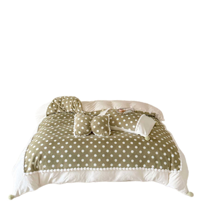 Polka Dot Plush Reversible Duvet Comforter Set with Pom-Pom Trim and Bolster Pillows