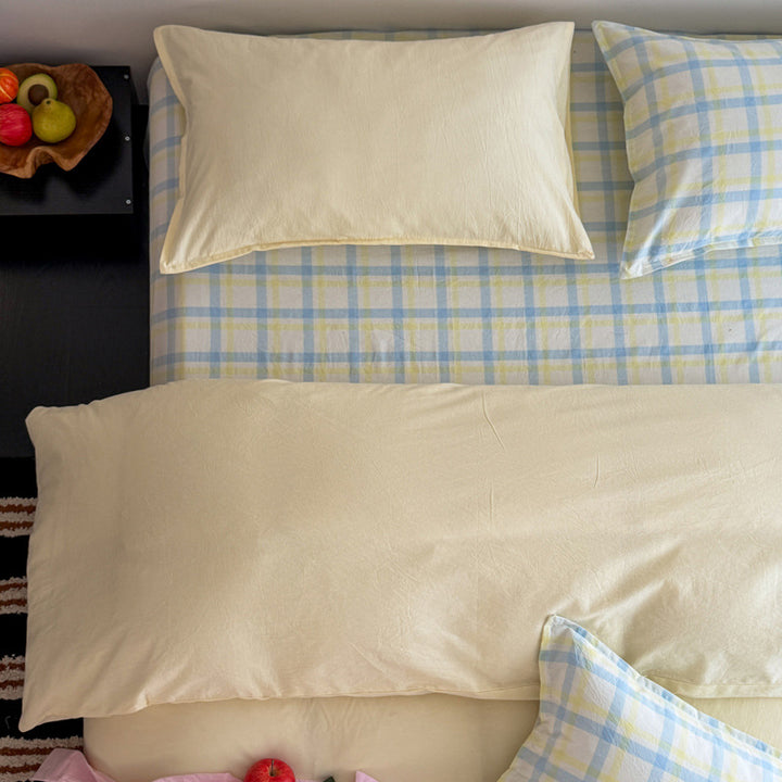 Plaid Cotton Percale Sheet Set with Deep-Fit Fitted Sheet and Envelope Pillowcases