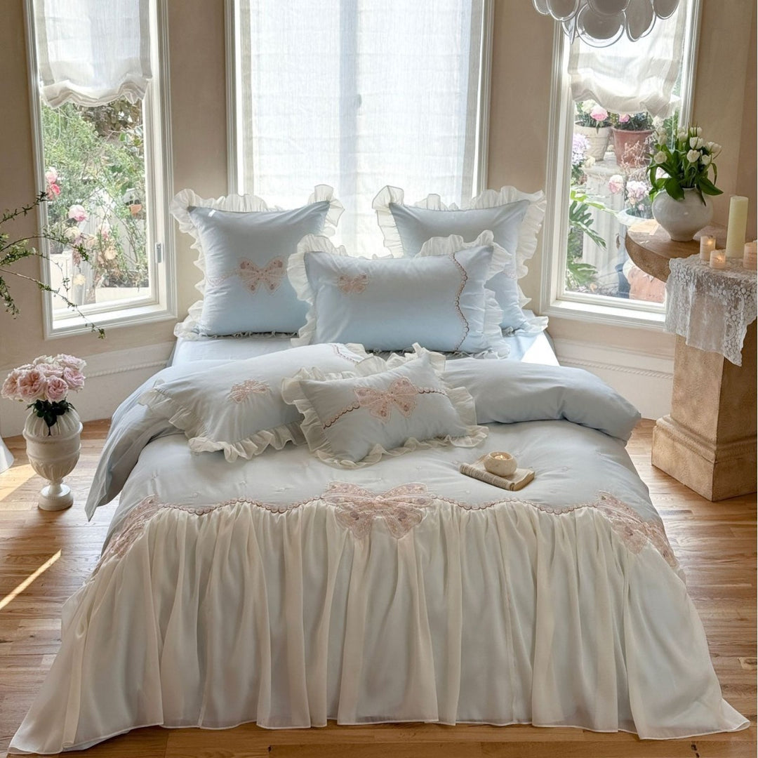 Romantic bedding set with chiffon ruffle, delicate lace and butterfly embroidery