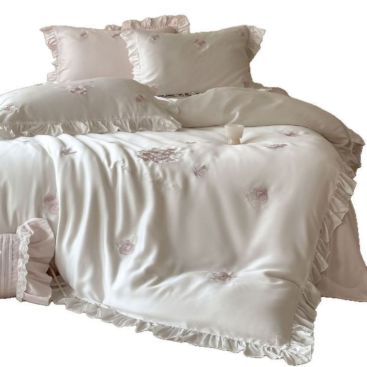 Satin Rose-Embroidered Ruffled Duvet Cover Ensemble with Decorative Bolster and Frilled Pillow Shams