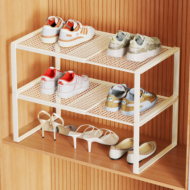 Multi-Tier Metal Mesh Shoe Storage Rack with Open Grid Shelves and Matte Frame