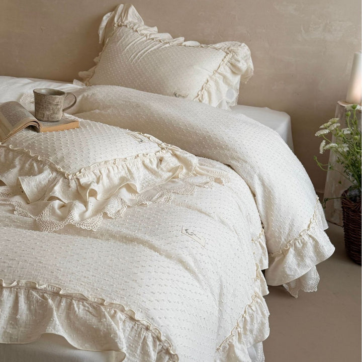 Ruffled Lace-Trim Cotton Duvet Cover Set with Decorative Pillow Shams