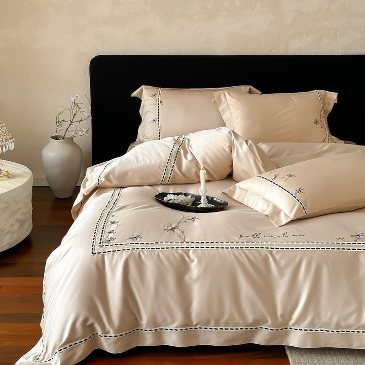 Embroidered Luxury Satin Duvet Cover Set with Decorative Pillow Shams