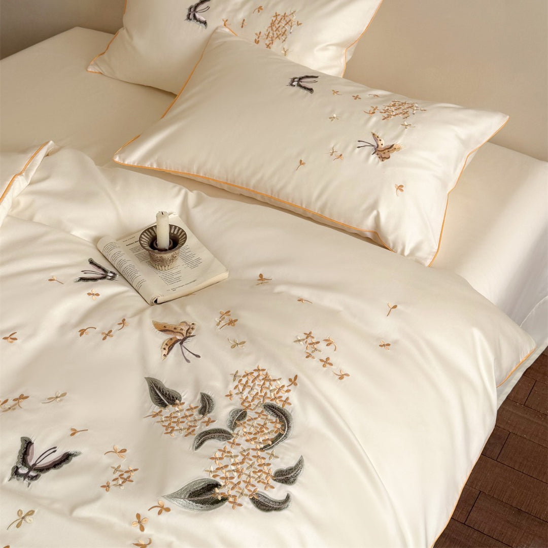 Silky Sateen Embroidered Botanical & Butterfly Duvet Cover Set with Piped Shams
