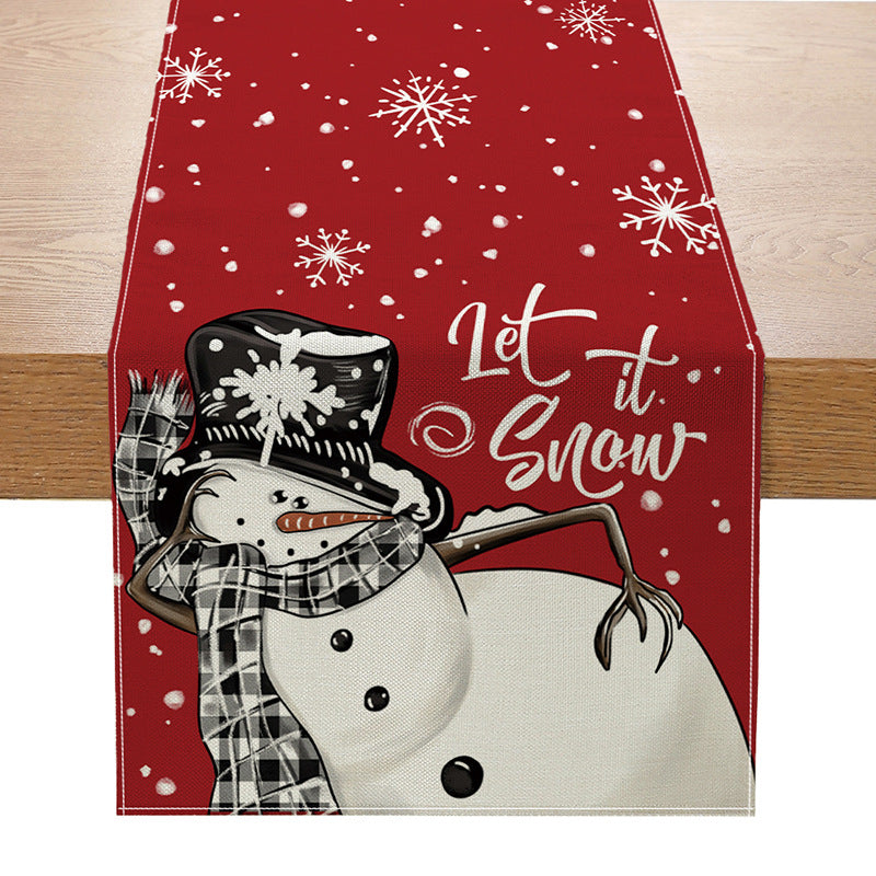 Linen-Texture Cotton-Blend Christmas Table Runner with Burlap Trim and Winter Tree Illustration