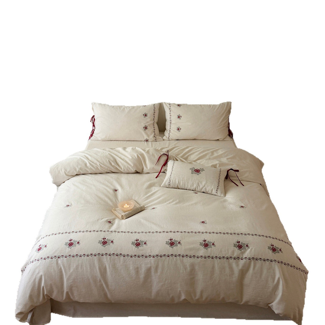 Embroidered Cotton Duvet Cover and Pillowcase Set with Ribbon Ties