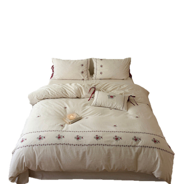 Embroidered Cotton Duvet Cover and Pillowcase Set with Ribbon Ties