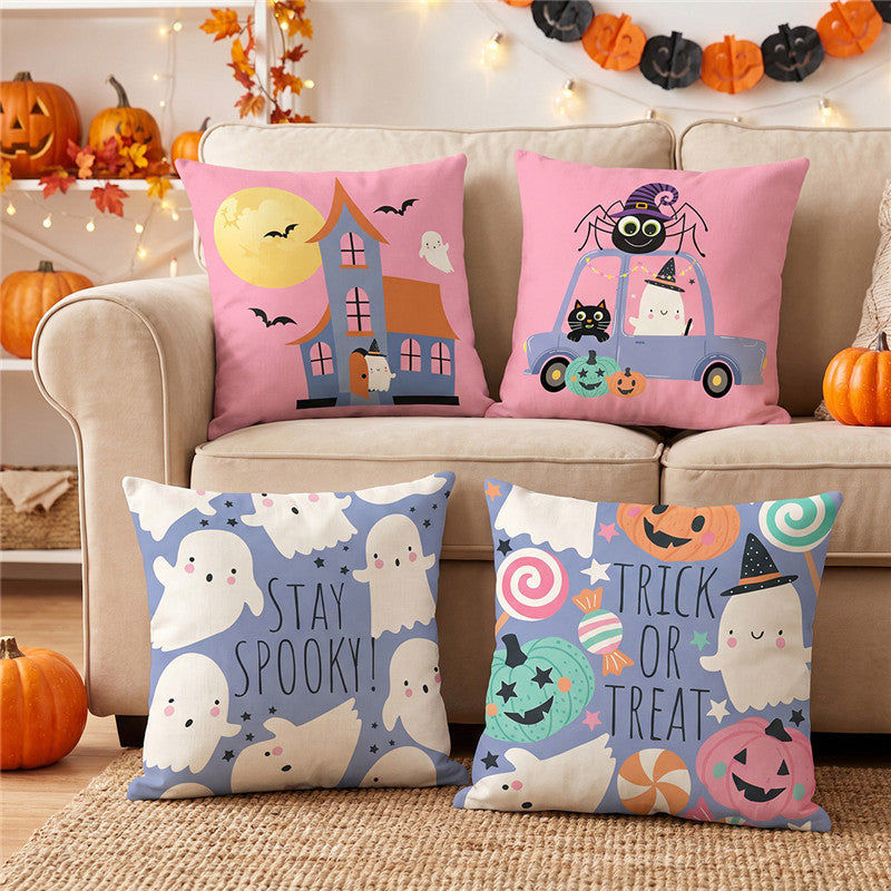 Halloween Ghost Cotton-Linen Square Throw Pillow Covers Set with Hidden Zipper