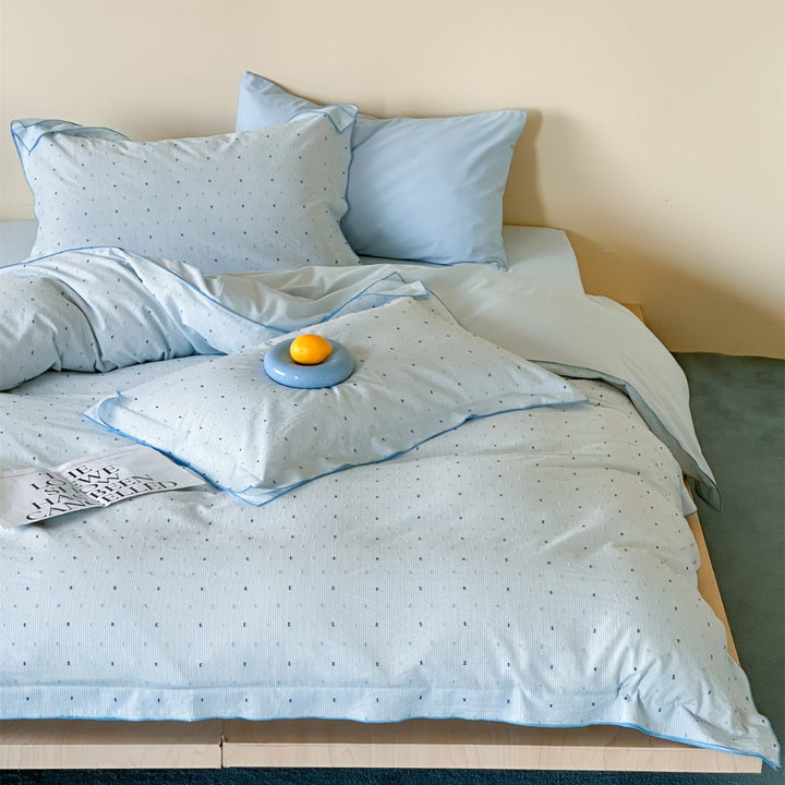 Reversible Cotton Percale Duvet Cover Set with Micro Dot and Pinstripe Texture