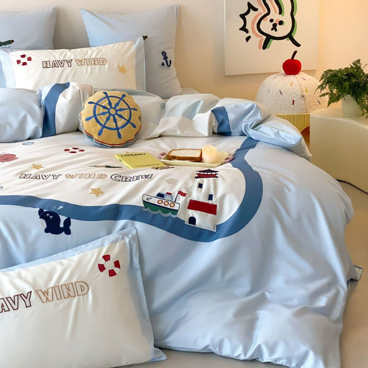 Children's Nautical Embroidered Cotton-Sateen Duvet Cover Bedding Set with Lighthouse & Ship Motifs