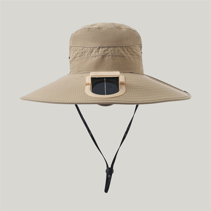 wide-brimmed outdoor sun hat with solar module, quiet mini fan, and adjustable chin strap Stornfield