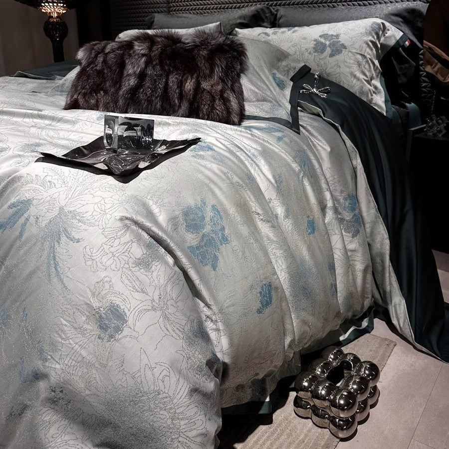 Reversible Jacquard Floral Satin-Back Duvet Cover & Pillowcase Set