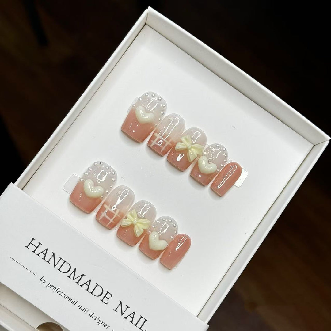 Handmade Decorative Press-On Nail Art Set with Heart and Bow Accents