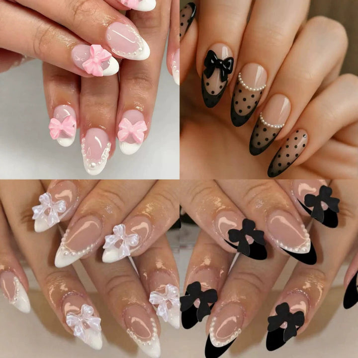 Acrylic Nail Set with Elegant Bows and Glamorous Accent Stornfield