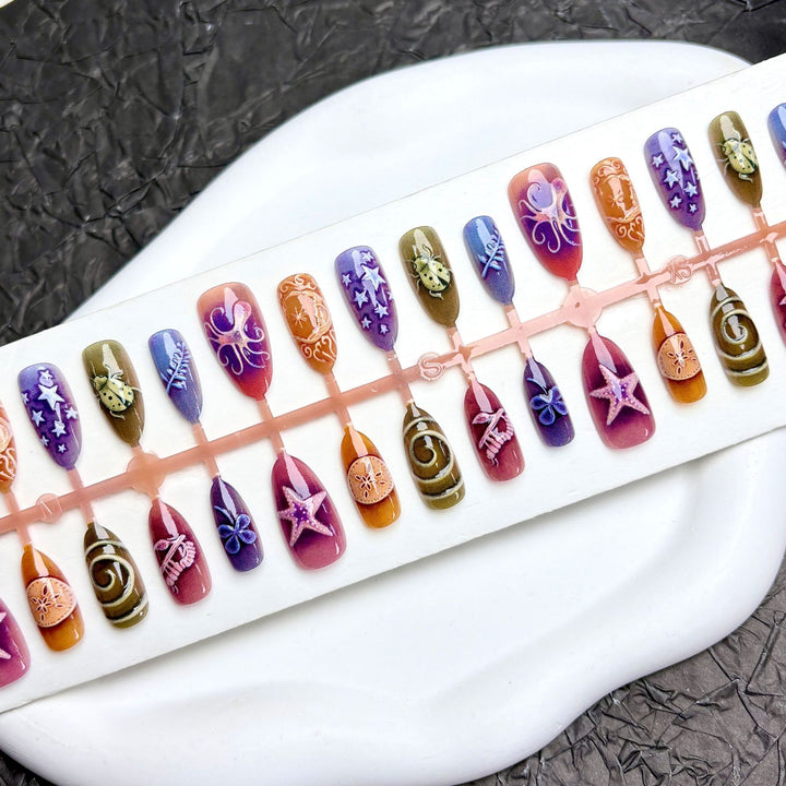 Artistic Press-On Nail Art Set with Oceanic Themes