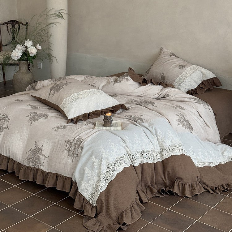 French country house bed linen set made of cotton percale with crochet lace trim