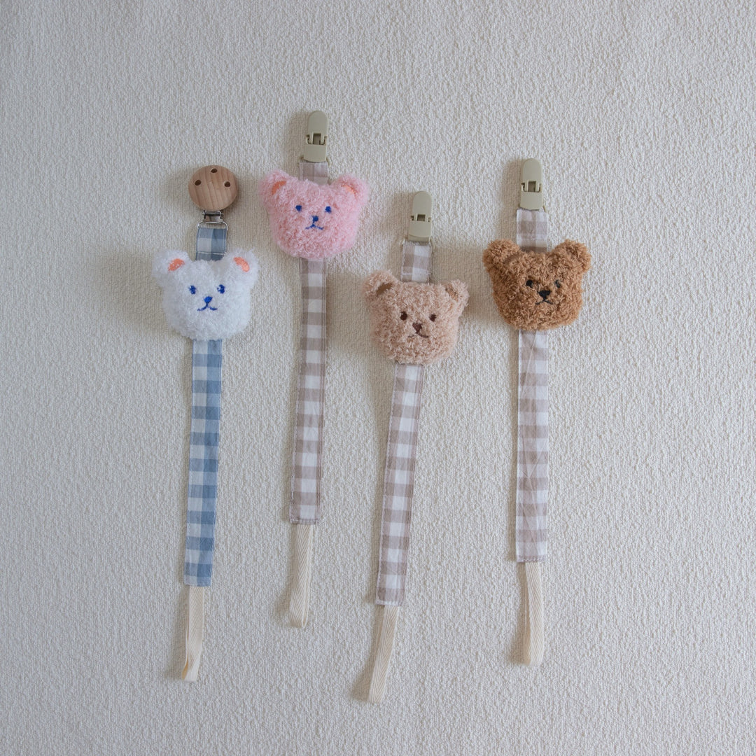 Cotton Gingham Pacifier Clip with Plush Bear Applique and Quick-Release Safety Clip