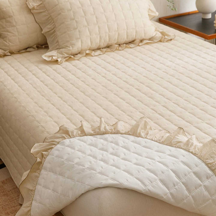 Quilted Ruffled Linen-Blend Duvet Cover Set with Bedskirt and Pillow Shams