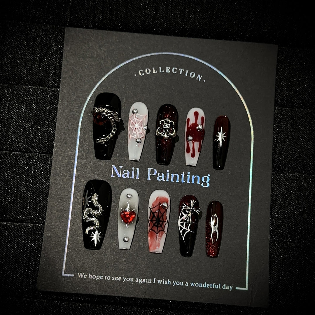 Gothic-Inspired Press-On Nail Art Set with 3D Embellishments