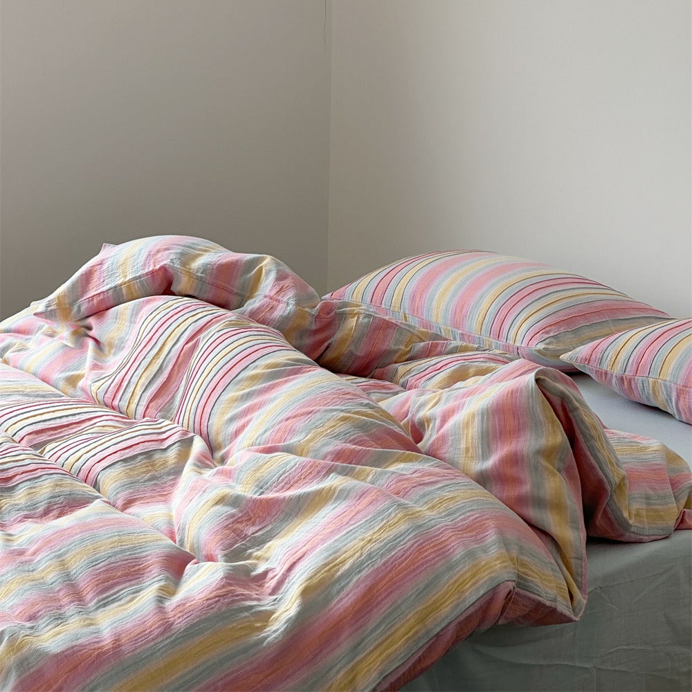 Pastel Striped Washed Cotton-Linen Duvet Cover Set with Matching Pillow Shams
