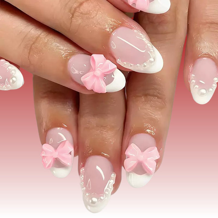 Elegant Artificial Nails with Bows and Pearl Design Stornfield