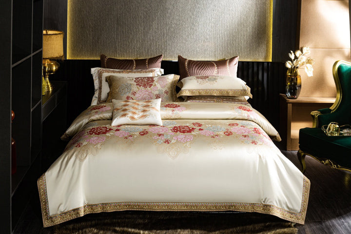 Premium Floral Jacquard Satin Duvet Cover Ensemble with Embroidered Border & Accent Pillow Shams